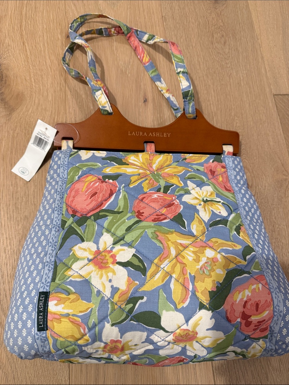 NWT Laura Ashley Floral Cotton Tote in Blue with Pink and Yellow Blooms - Picture 5 of 12